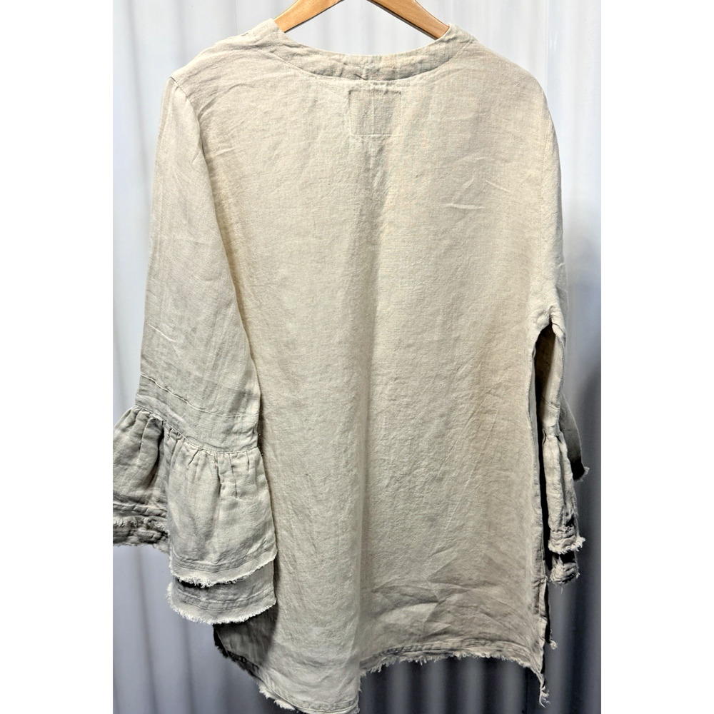 Crown Linen Designs Bella Bell Sleeve Top Large Flax Beige V-Neck Linen Tunic - Picture 11 of 12